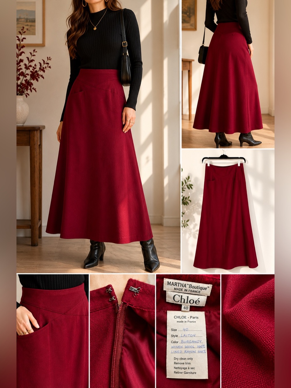 Vintage Chloé Martha Boutique Burgundy Wool Midi Skirt Made in France Size 40
